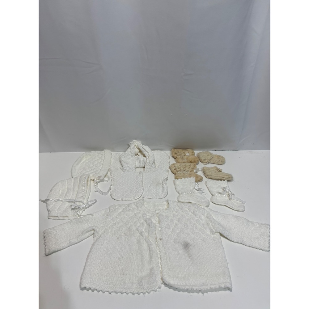VTG Handmade Knit Baby Set NB White Vintage Style Cardigan Bonnet Booties Bib